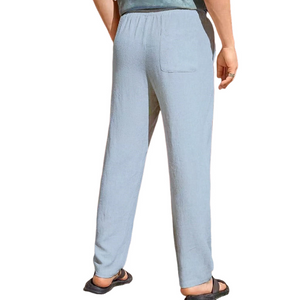 Lässige Herrenhose aus Baumwolle und Leinen mit elastischer Taille und geradem Bein