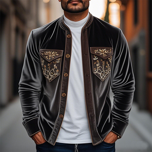 Men's Spring Fashion Retro Embroidered Velvet Long Sleeve Shirt