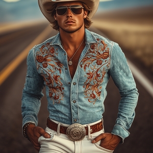 Klassisches amerikanisches Retro-Western-Langarmhemd aus Wildleder mit Stickerei für Herren