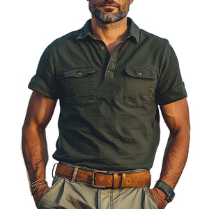 Herren Sommer-T-Shirt mit Polokragen und Doppeltasche im Used-Look