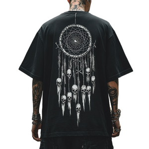 Men's Retro Casual Dreamcatcher Skull Print Round Neck Short Sleeve T-Shirt