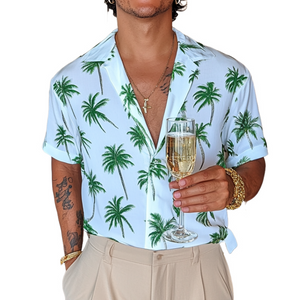 Men's Casual Palm Tree Print Cuban Collar Loose Short Sleeve Shirt