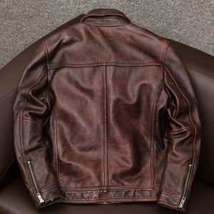 Men's Vintage Lapel Double Chest Pocket Leather Jacket