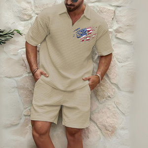 USA FLAGGE KOMFORTABLES WAFFEL-POLO-SPORT-SET
