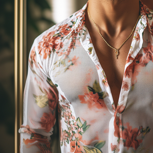 Men's Retro Casual Mesh Floral Print Lapel Long Sleeve Shirt