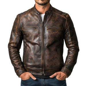 Men's Vintage Distressed Zipper Leather Jacket