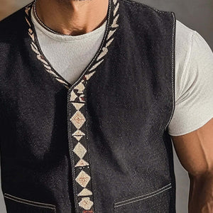 Men's V Neck Embroidered Denim Vest