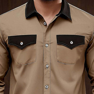 Men's Comfortable Khaki Colorblock Casual Long Sleeve Shirt