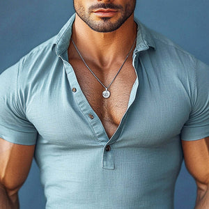 Men's Cotton And Linen Casual Lapel Short-sleeved Shirt