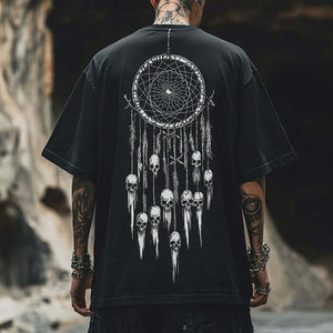 Men's Retro Casual Dreamcatcher Skull Print Round Neck Short Sleeve T-Shirt