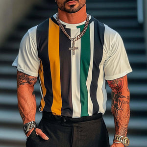 Men's Striped Printed Round Neck Short Sleeve T-Shirt
