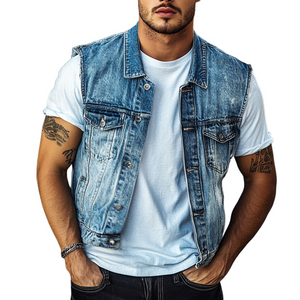 Herren-Reversweste aus gewaschenem Denim im Vintage-Stil in Blau