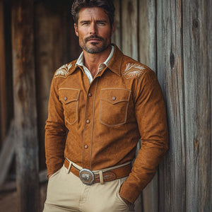 Men's Vintage Suede Embroidered Slim Fit Long Sleeve Shirt