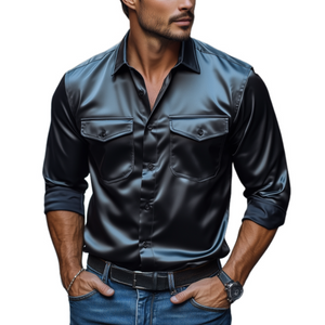 Men's Fashion Spring Summer Retro Casual Satin Long Sleeve Shirt