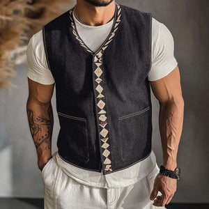 Men's V Neck Embroidered Denim Vest