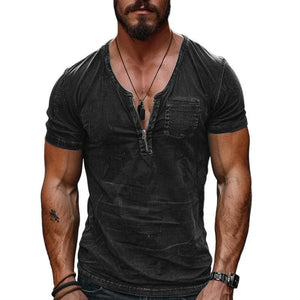 Men's Casual Cotton Washed Zippered Neck Patch Pocket Short Sleeve T-Shirt