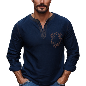 Men's Navy Blue Cotton And Linen Vintage Embroidery V-Neck Long Sleeve T-Shirt