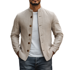Herren Frühling Retro Klassische Spitze Stehkragen Dünne Baumwolle Und Leinen Jacke