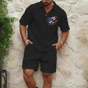 USA FLAGGE KOMFORTABLES WAFFEL-POLO-SPORT-SET