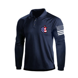 Poloshirt mit langen Ärmeln und Raglanärmeln mit Apfeldruck und USA-Flagge, 1/4-Knopf