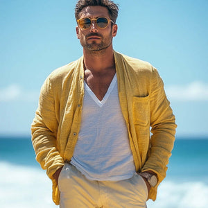 Lässiges Langarmhemd aus Baumwolle und Leinen für Herren in leuchtendem Gelb