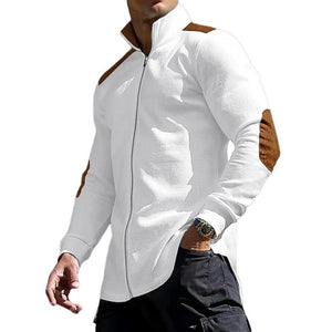Men's Color Block Waffle Zipper Stand Collar Long Sleeve Shirt