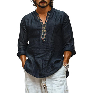 Men's Cotton And Linen Breathable Printed V-Neck Long Sleeve Shirt