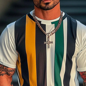 Men's Striped Printed Round Neck Short Sleeve T-Shirt
