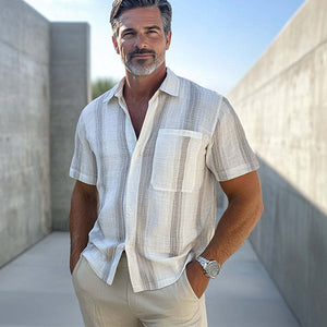 Men's Casual Vertical Striped Cotton And Linen Short-sleeved Shirt