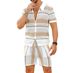Men's Casual Lapel Single-Breasted Loose Cardigan Elastic Waist Shorts Striped Hollow Knit Set