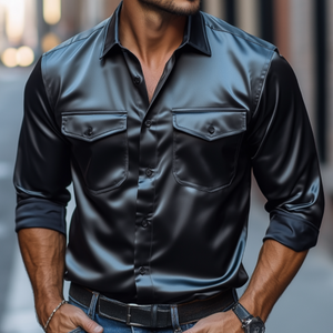 Men's Fashion Spring Summer Retro Casual Satin Long Sleeve Shirt
