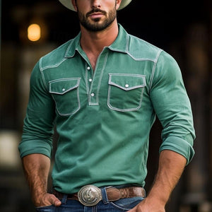 Men's Fashion Suede Western Style Slim Fit Long Sleeve Polo Shirt