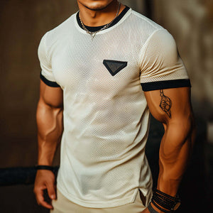 Herren Retro Casual Mesh Stoff Farbblock Rundhals Kurzarm T-Shirt