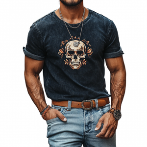 Men's Retro Denim Washed Skull Print Round Neck Slim Fit Short Sleeve T-Shirt