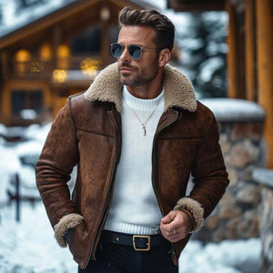 Men's Vintage Leather Lambswool Patchwork Warm Lapel Zipper Coat
