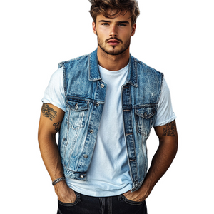 Herren-Reversweste aus gewaschenem Denim im Vintage-Stil in Blau