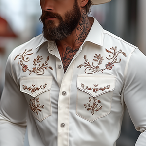 Men's Classic American Western Style Embroidered Slim Fit Cotton Long Sleeve Shirt