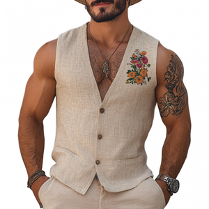 Men's Casual Linen Flower Embroidery V-Neck Single Breasted Slim Fit Vest