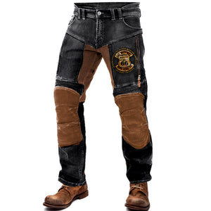 Herren Route 66 Motorradhose Outdoor Vintage Yellowstone Washed Cotton Washed Hose mit Reißverschlusstasche