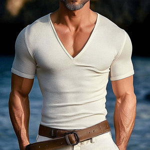 Einfarbiges, gestricktes, lässiges Kurzarm-T-Shirt mit V-Ausschnitt für Herren