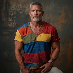 Herren-T-Shirt mit V-Ausschnitt und Farbblockdesign, kurzärmlig