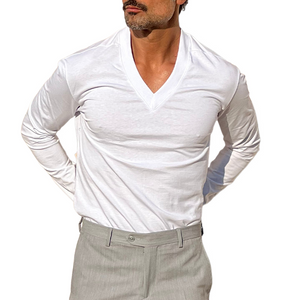 Herren-T-Shirt mit V-Ausschnitt und langen Ärmeln in Volltonfarbe