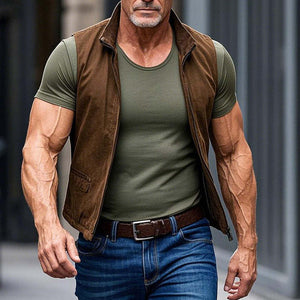 Men's Vintage Brown Suede Stand Collar Vest