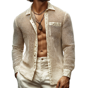 Men's Retro Casual Irregular Mesh Fabric Lapel Long Sleeve Shirt