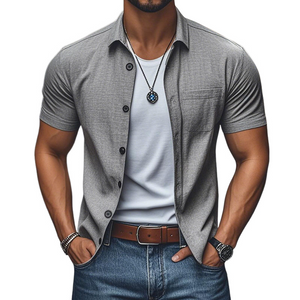 Herrenhemd, lässig, bequem, Leinen, Revers, einreihig, Slim Fit, kurzärmelig