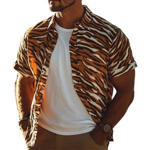 Men's Summer Retro Tiger Print Casual Short Sleeve Shirt