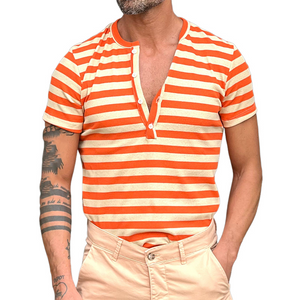 Men's Casual Striped Henley Neck Short Sleeve T-Shirt