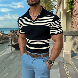 Men's Casual Lapel Striped Jacquard Slim Fit Knitted Short Sleeve Sweater T-Shirt
