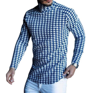 Men's Retro Casual Houndstooth Print Turtleneck Long Sleeve T-Shirt
