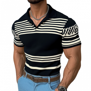 Men's Casual Lapel Striped Jacquard Slim Fit Knitted Short Sleeve Sweater T-Shirt